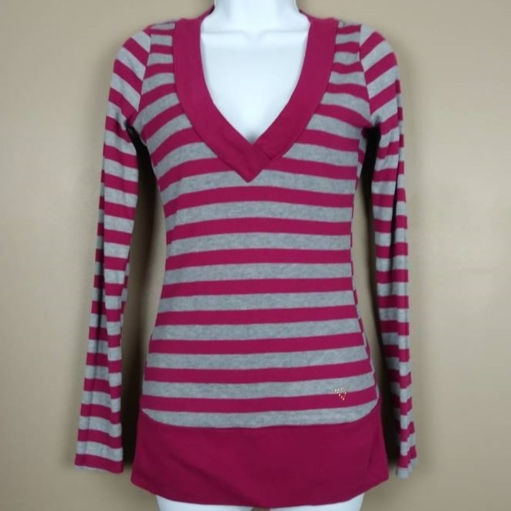 Guess Striped V-Neck Long Sleeve Top Size Medium